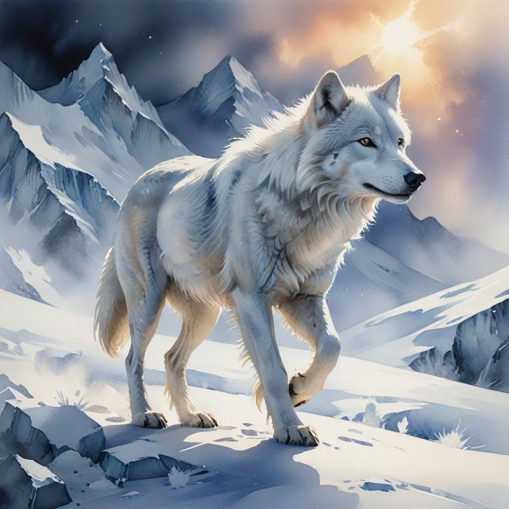 Arctic Wolf in Mystical Alpine Winter Landscape