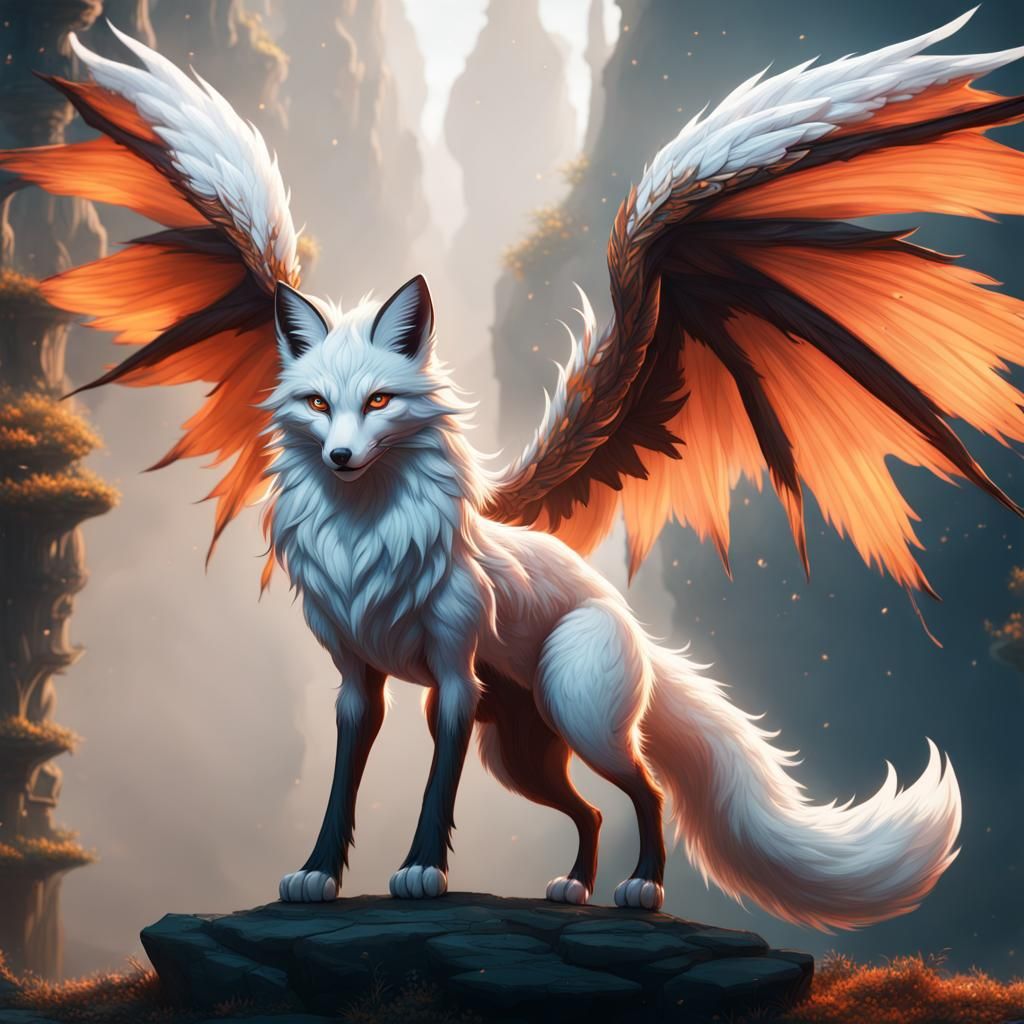 Three-Tailed Fox with Wings in Detailed Matte Painting