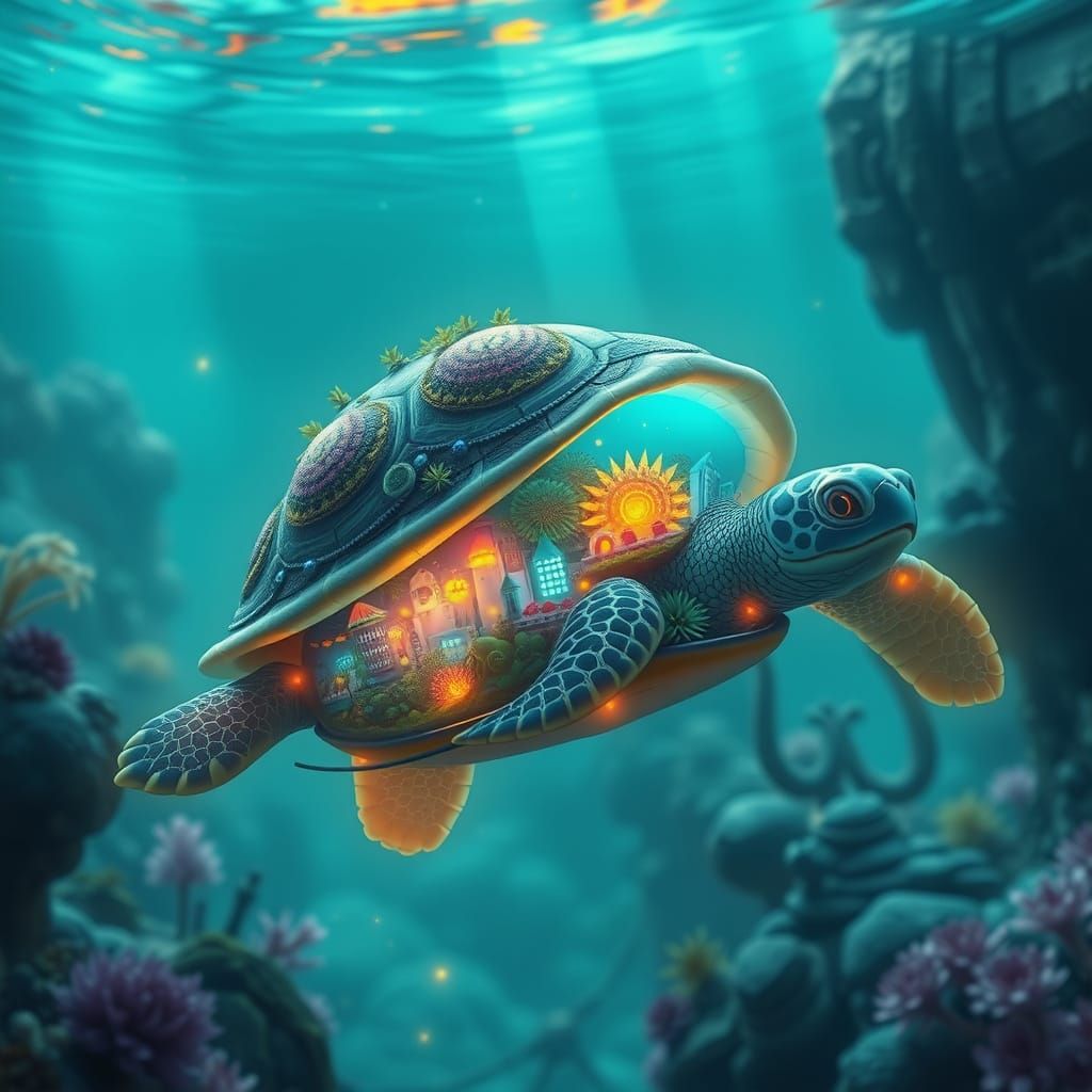 Bioluminescent Turtle in Underwater Solarpunk City