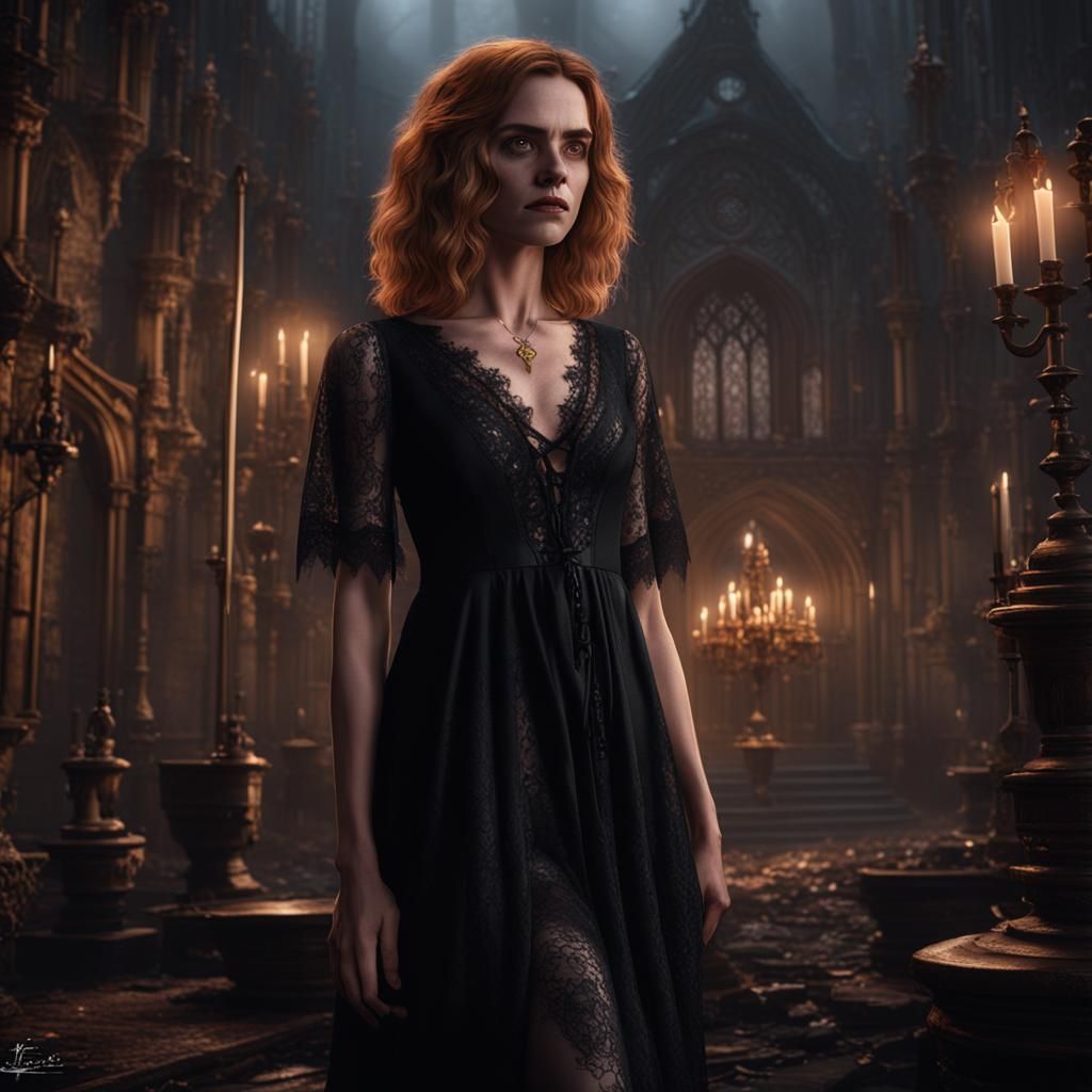 Hermione Goes Goth in Black Lace Nightgown