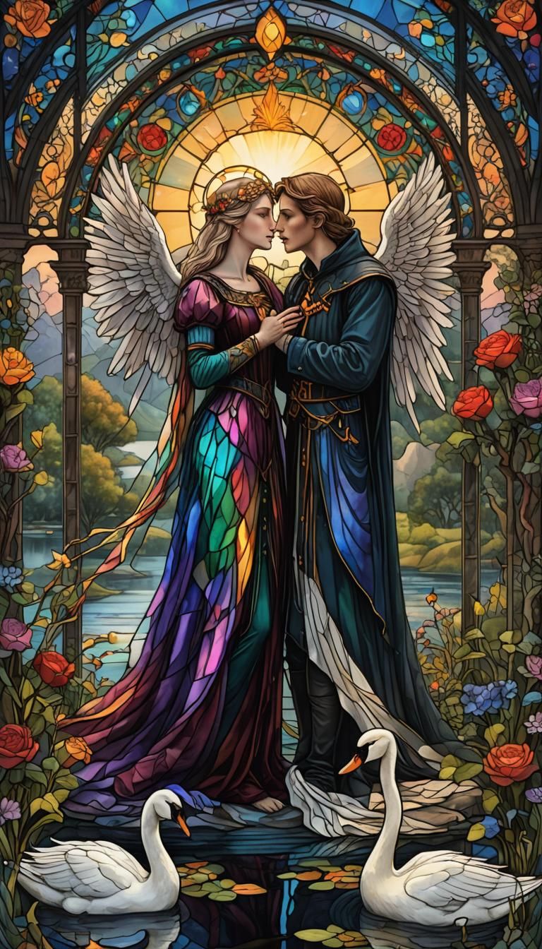 The Lovers Tarot Card in Gothic Stained Glass