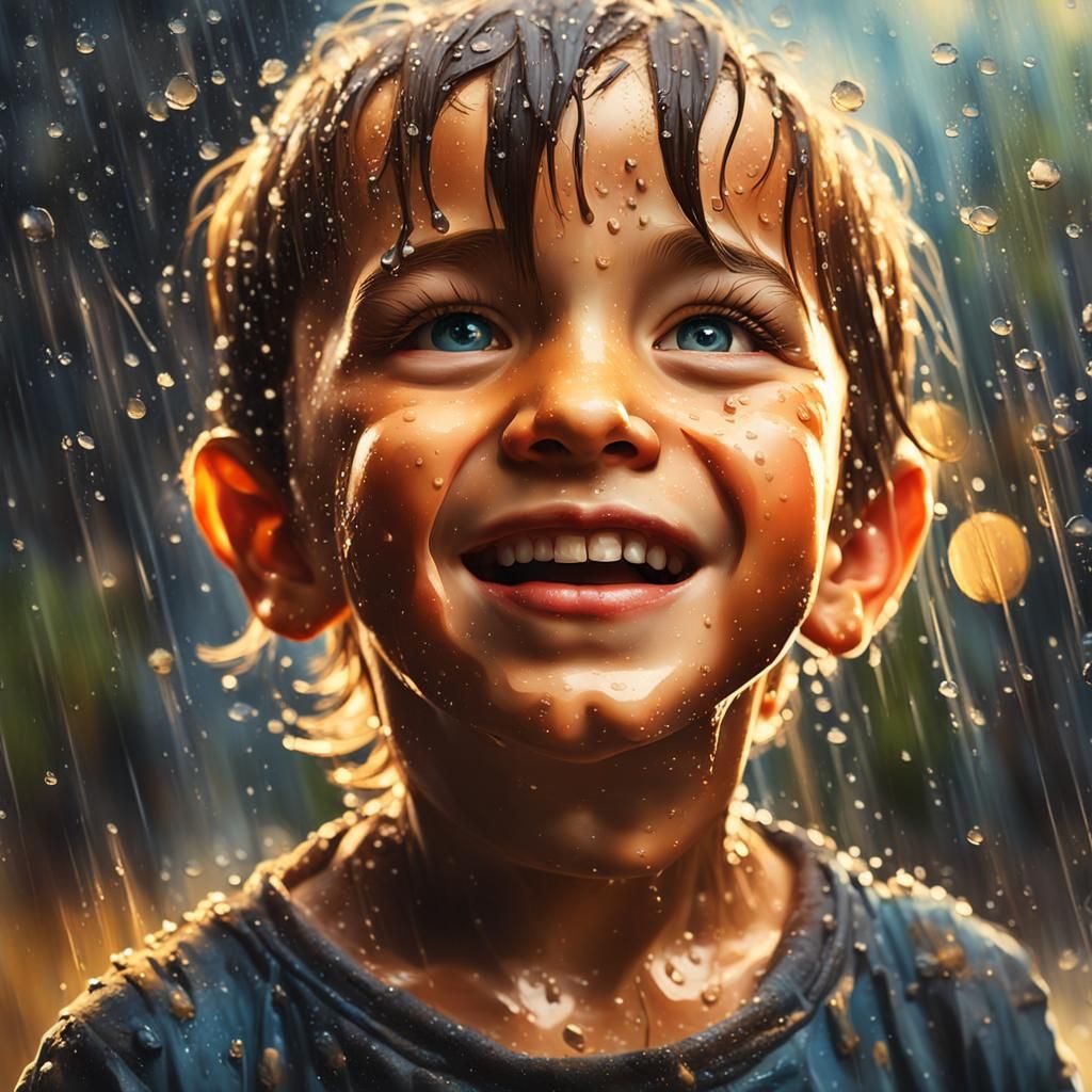 Joyful Child in Rainy Moment