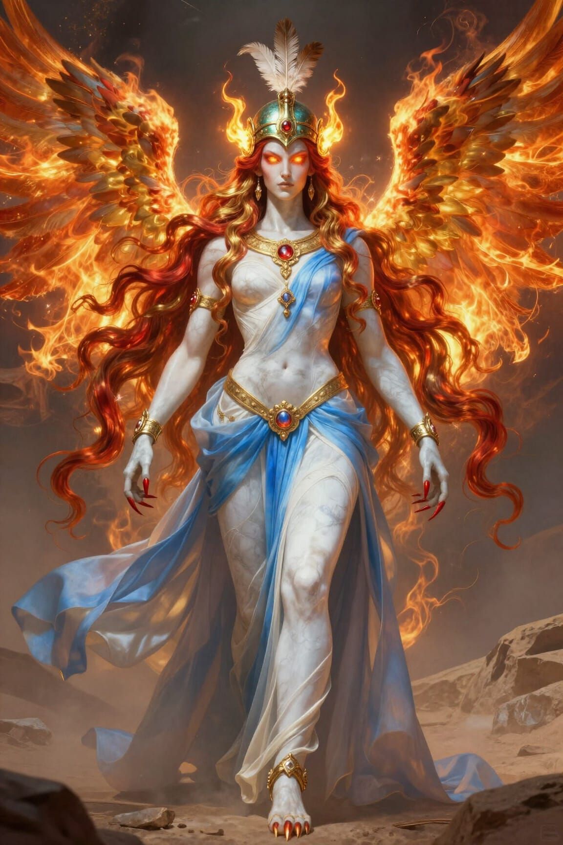 Regal Asura with Fiery Wings in Desert Fantasy Style