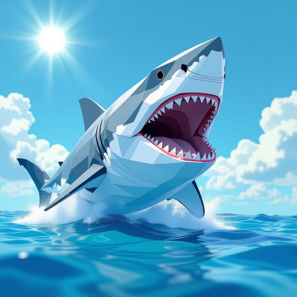 Great White Shark Breaching in 3D Papercraft Style