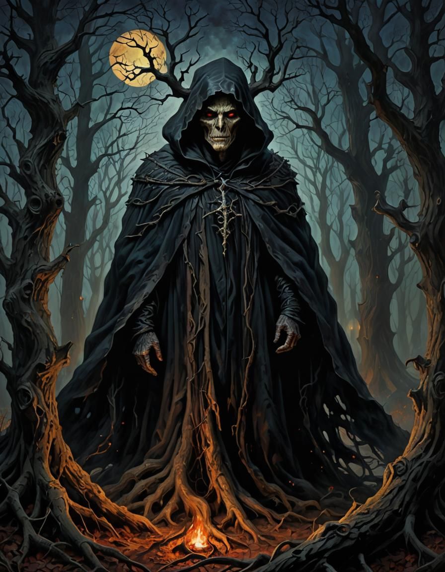 Eerie Beldame in Haunted Forest: Dark Fantasy Portrait