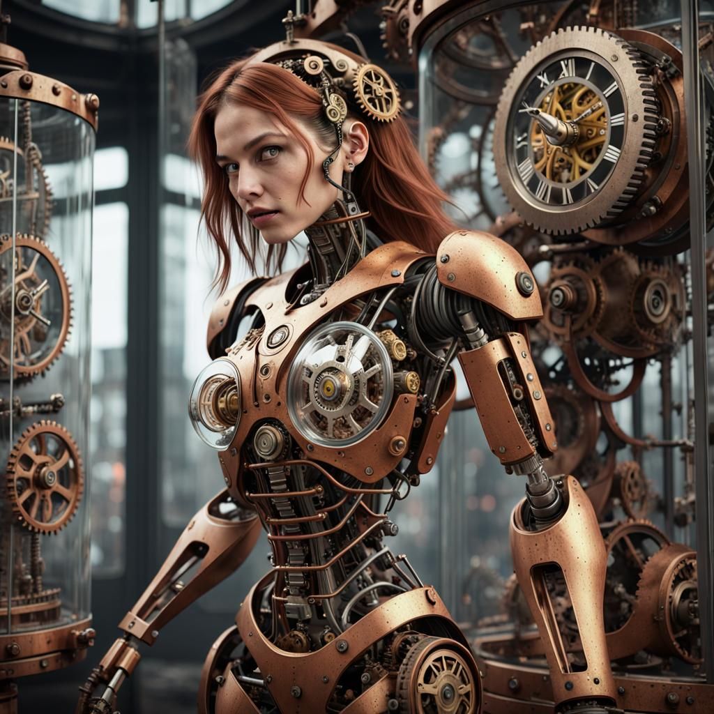 Mechanized Robot in Glass Enclosure with Clockwork Gears