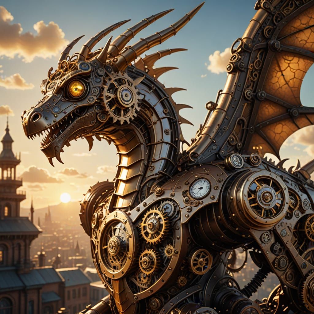 Steampunk Mechanical Dragon in Flight