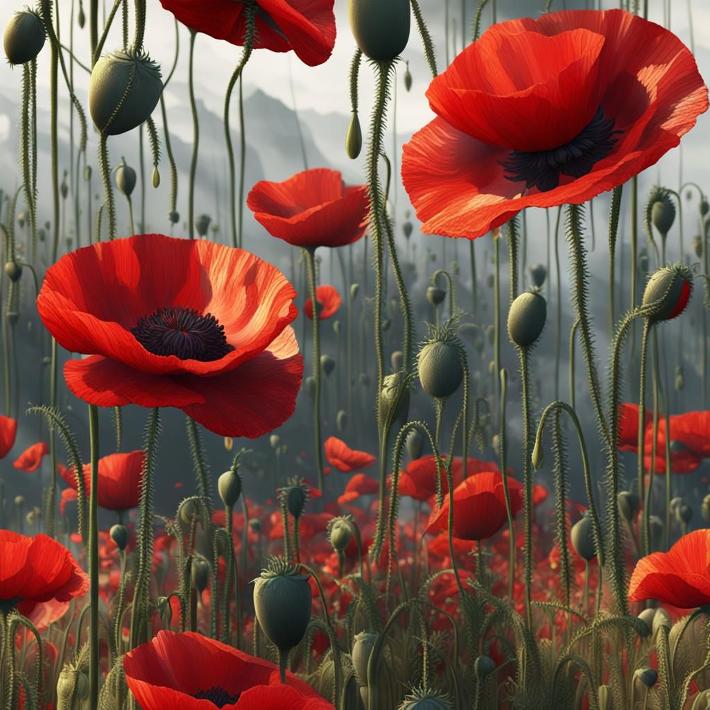Detailed Matte Painting of Red Poppies in Deep Color