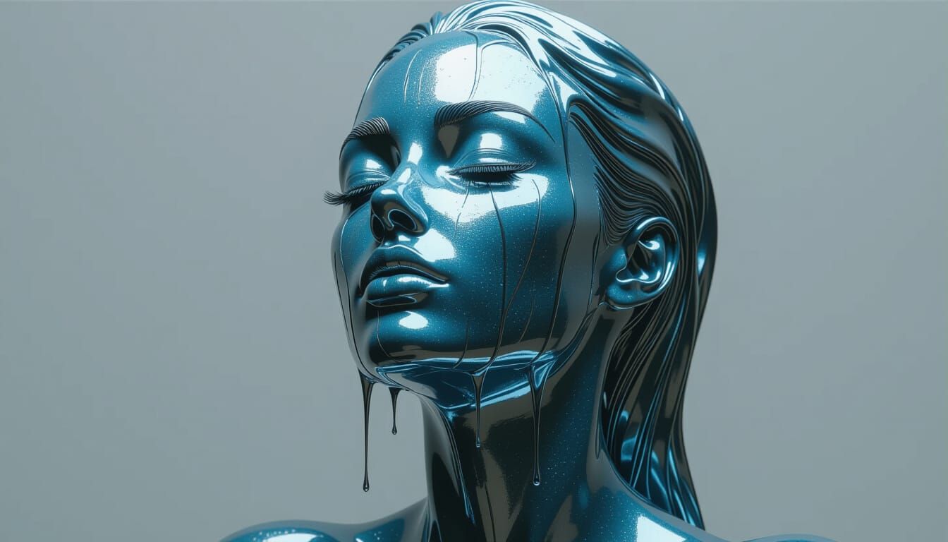 Melting Metal Woman Statue in Photorealistic Style