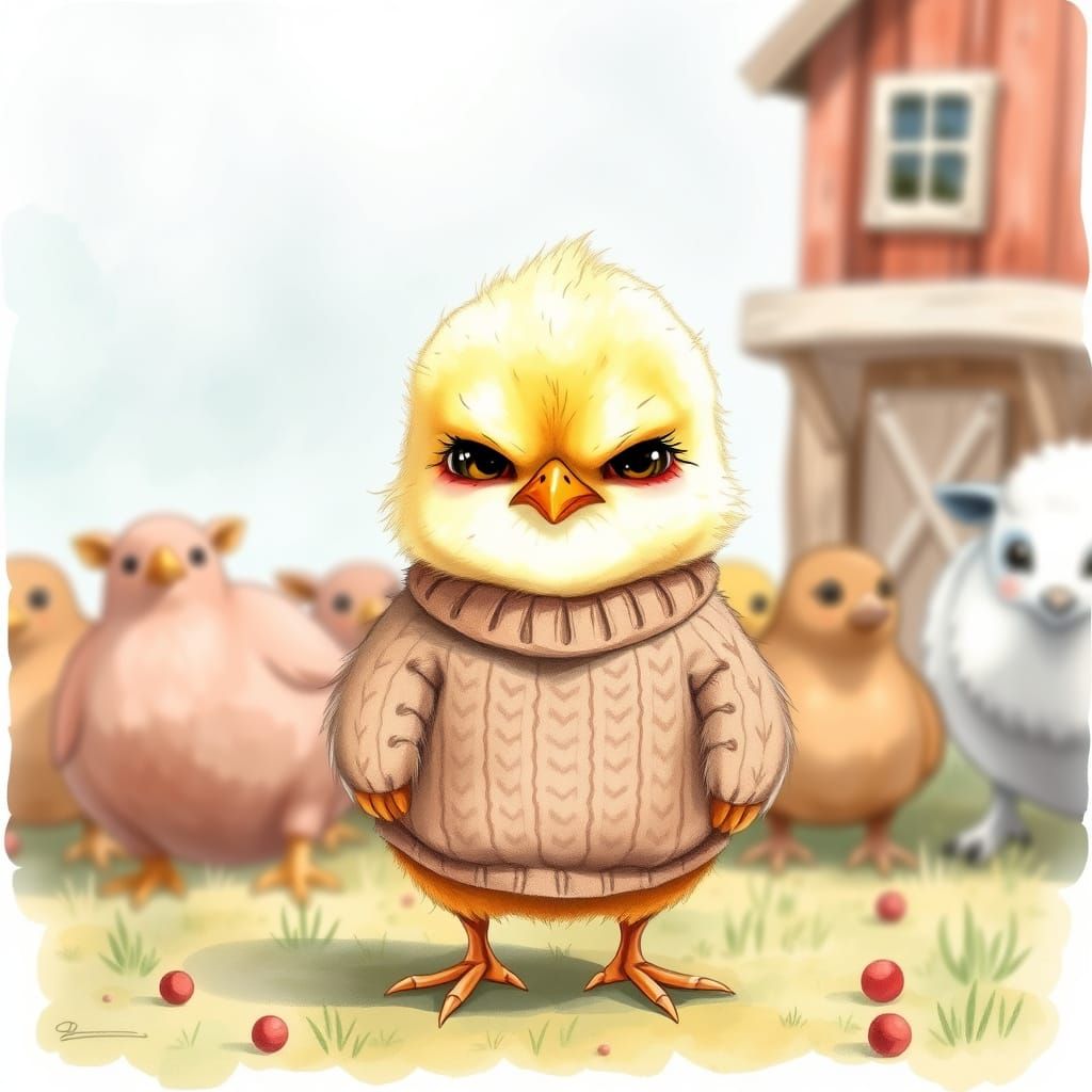 Grumpy Chick in Tiny Sweater, Watercolor Farm Scene