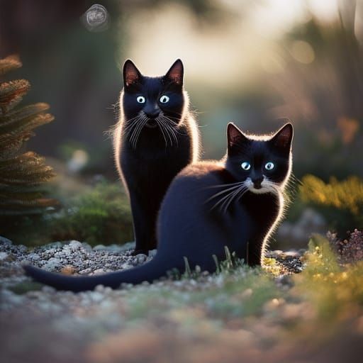 Chibi Black Cats in Magical Garden, Whimsical Art