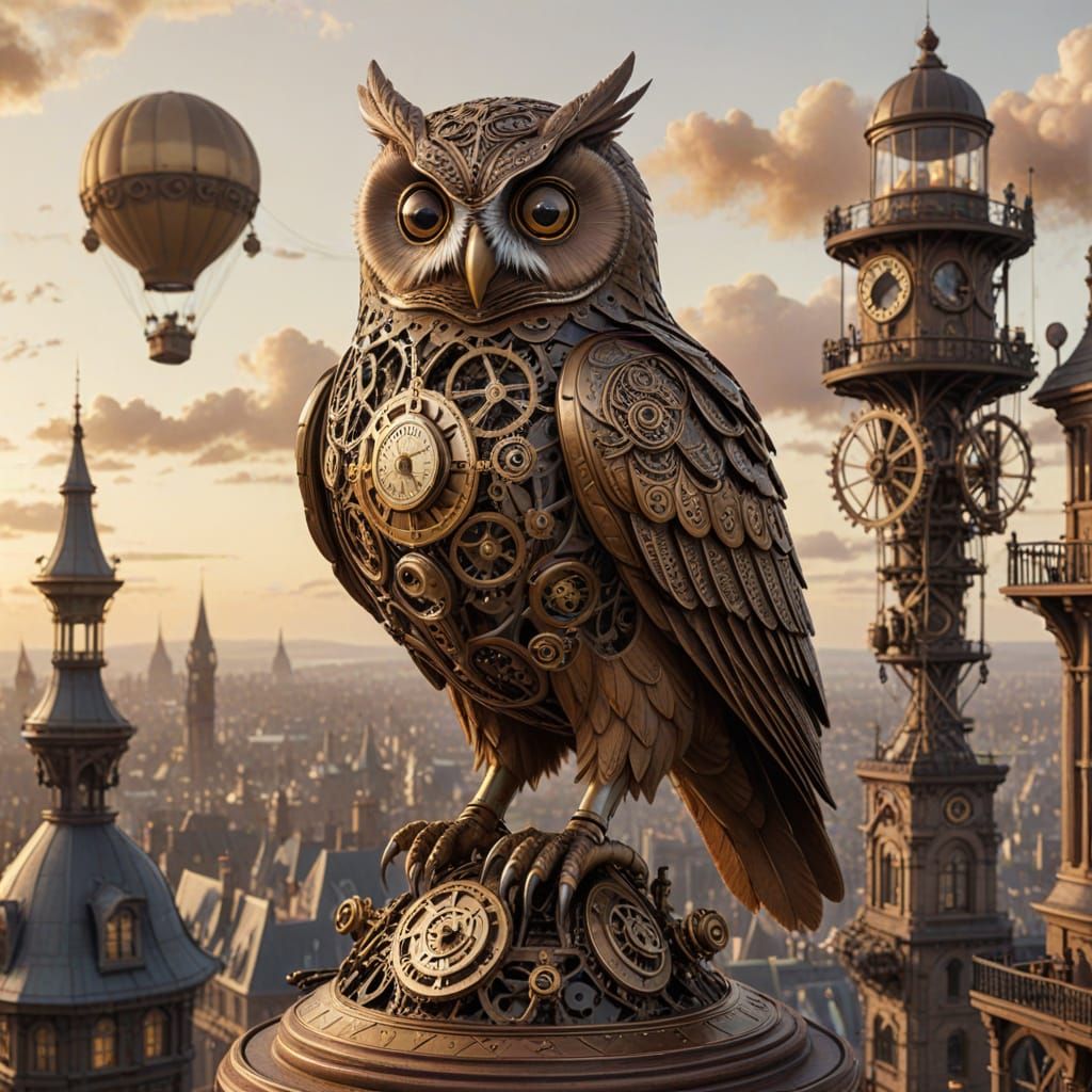 Clockwork Owl on Steampunk Automaton Over Victorian City