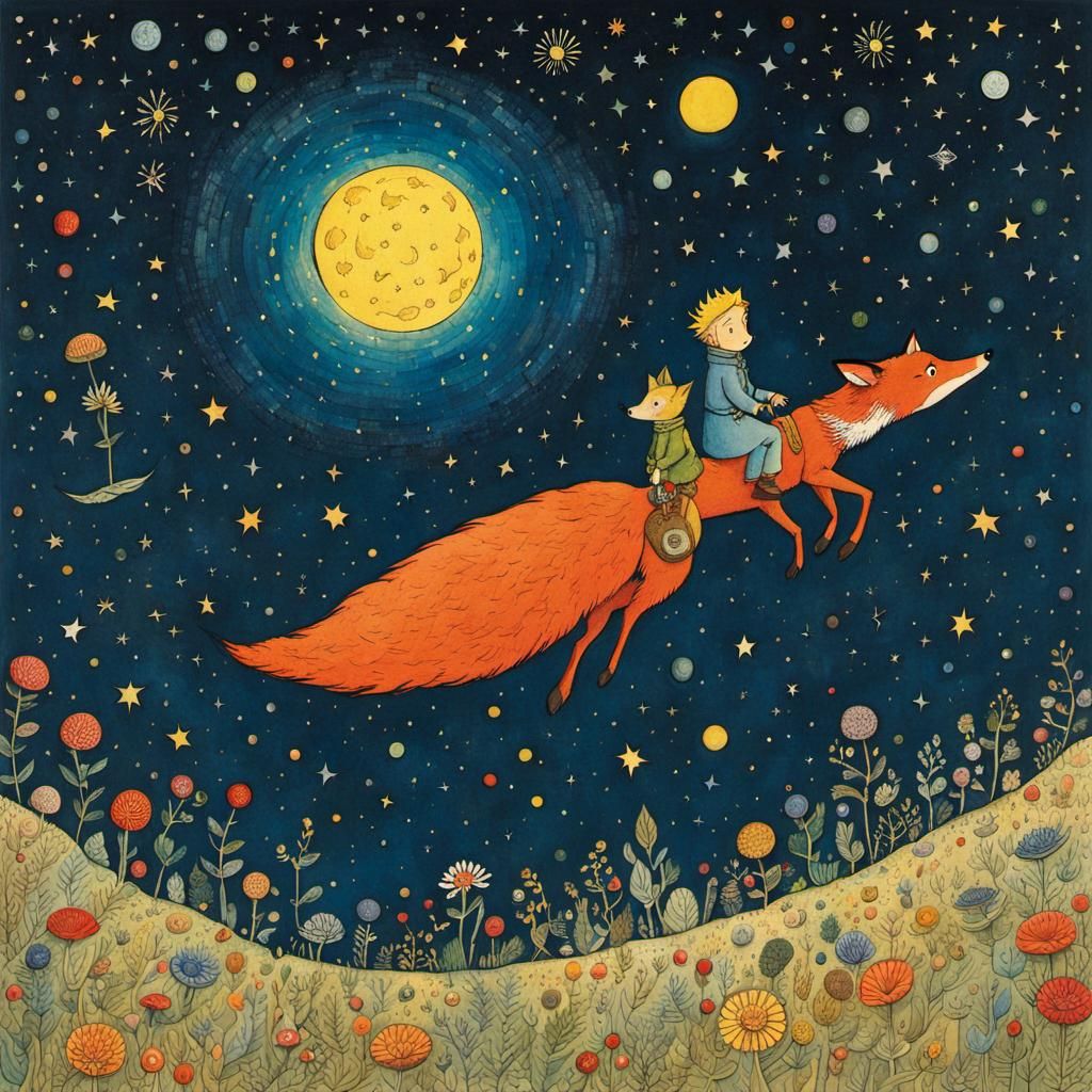 Little Prince and Fox: Intricate Whimsical Illustration