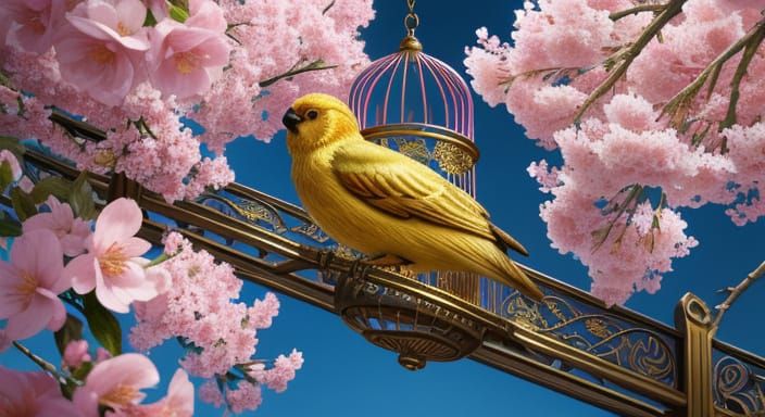 Golden Birdcage on Cherry Tree Splash Art