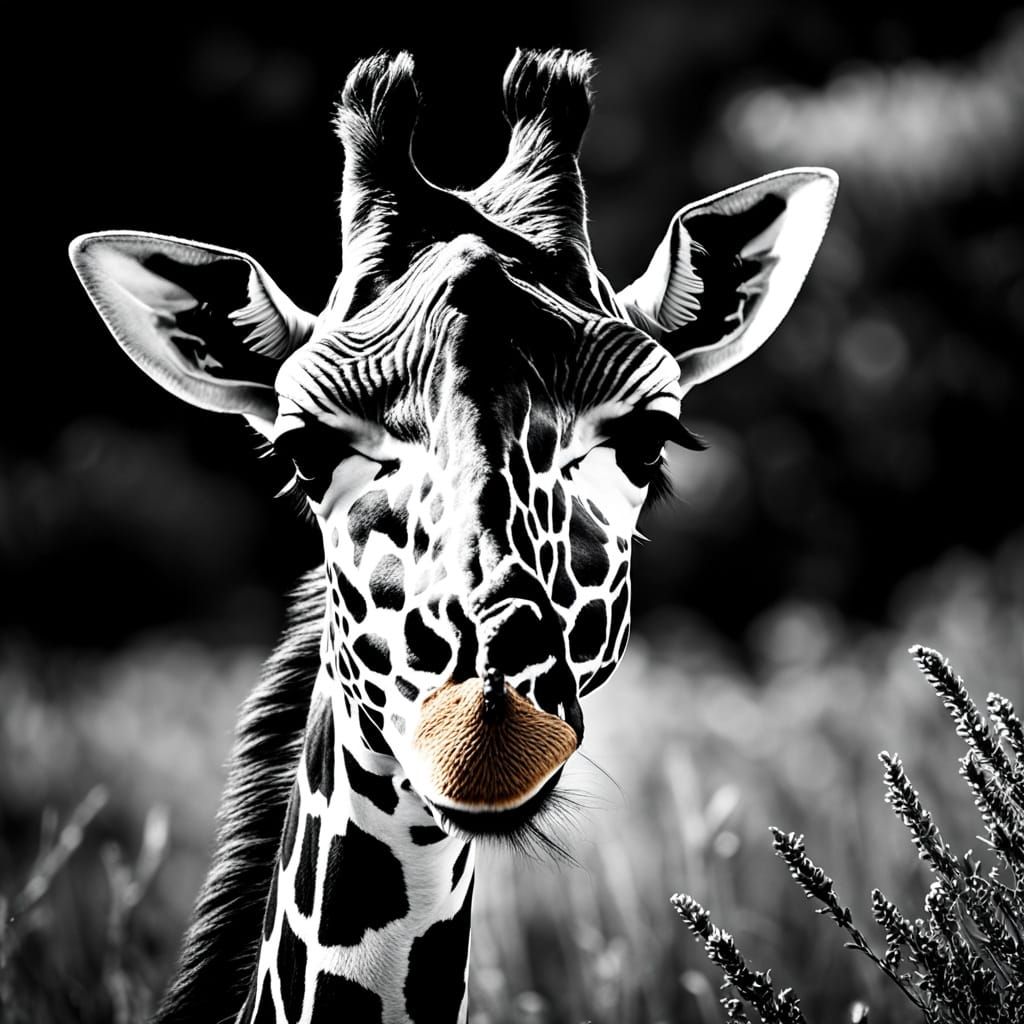 Monochrome Giraffe Portrait in Hyperrealistic Style
