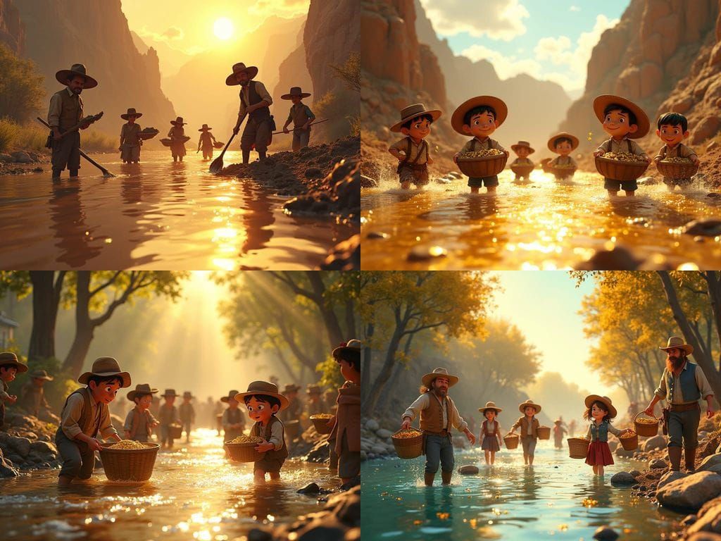 Pixar Style Gold Rush Scene with River Panning