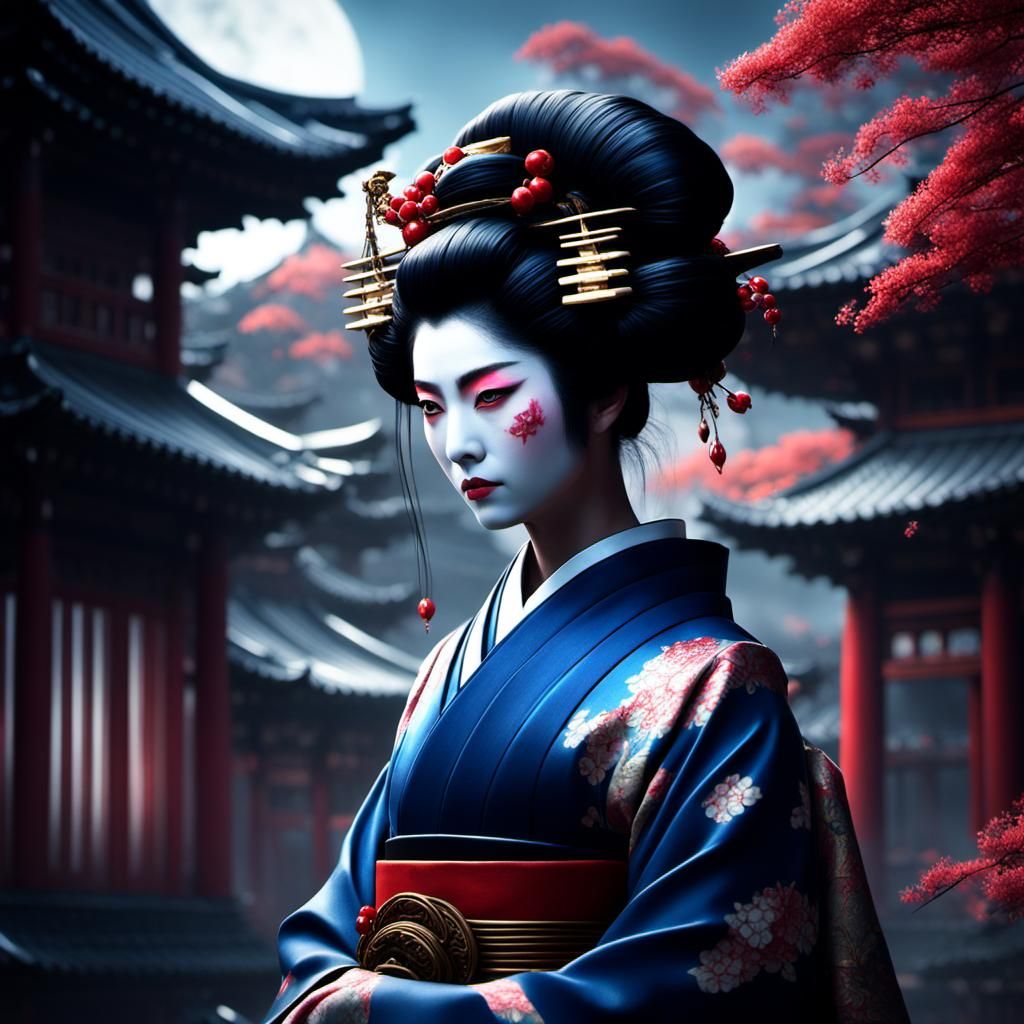 Elegant Geisha Digital Art in Deep Color