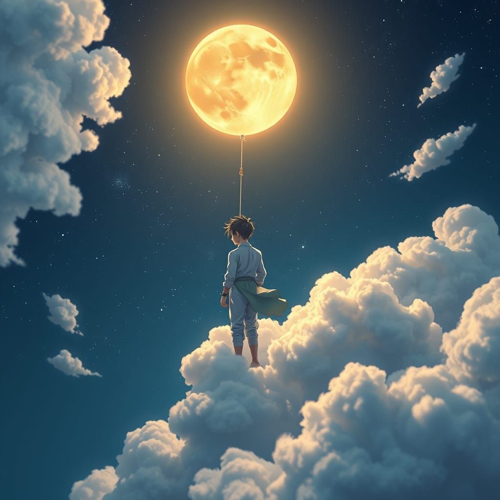 Boy Ties Rope to Moonlit Cloud in Vibrant 3D Anime Style
