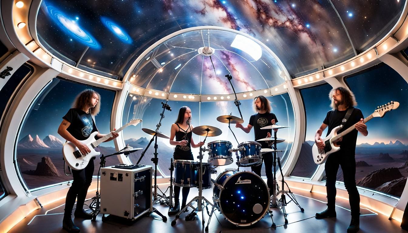 Band Performs in Space Aboard Glass Dome Starship