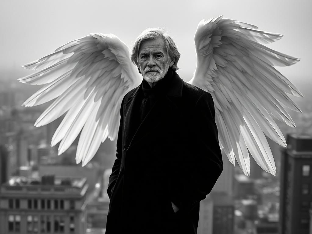 Majestic Angel Perched Above City Streets in Ethereal Black...