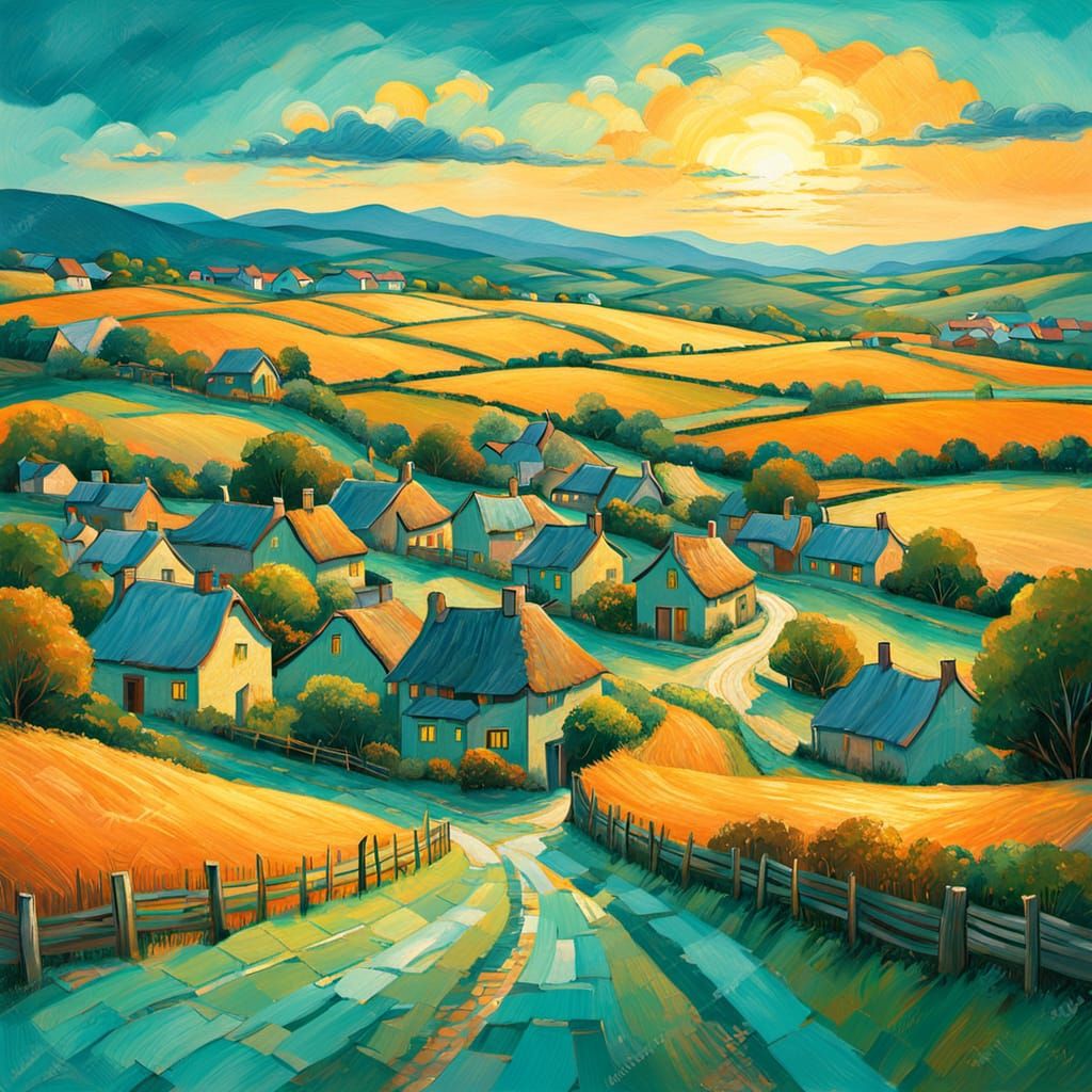 Idyllic Village Under Turquoise Sunset as Impressionist Pain...