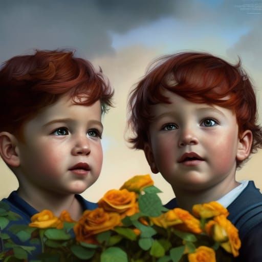 Red-Haired Toddlers in Rose Garden: Hyperdetailed Portrait
