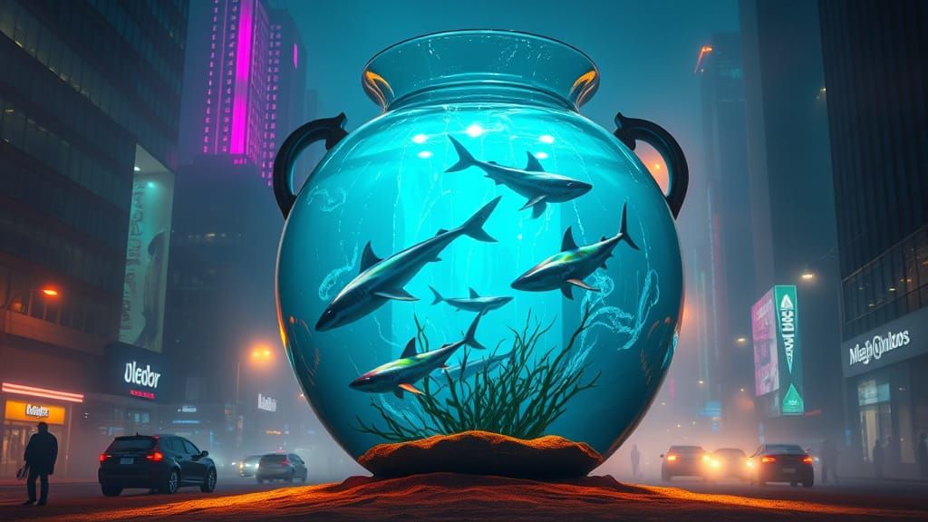 Bioluminescent Orb Vase with Sharks in Neon City Night