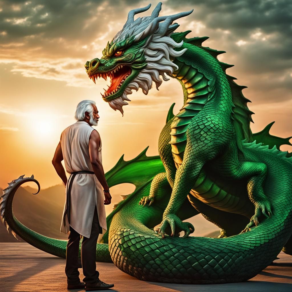 Man Faces Fierce Green Dragon at Sunset
