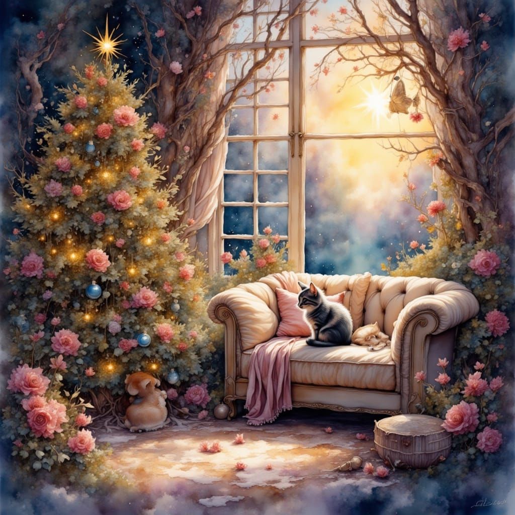 Dreamy Christmas Cottagecore Living Room with Cat in Soft Li...