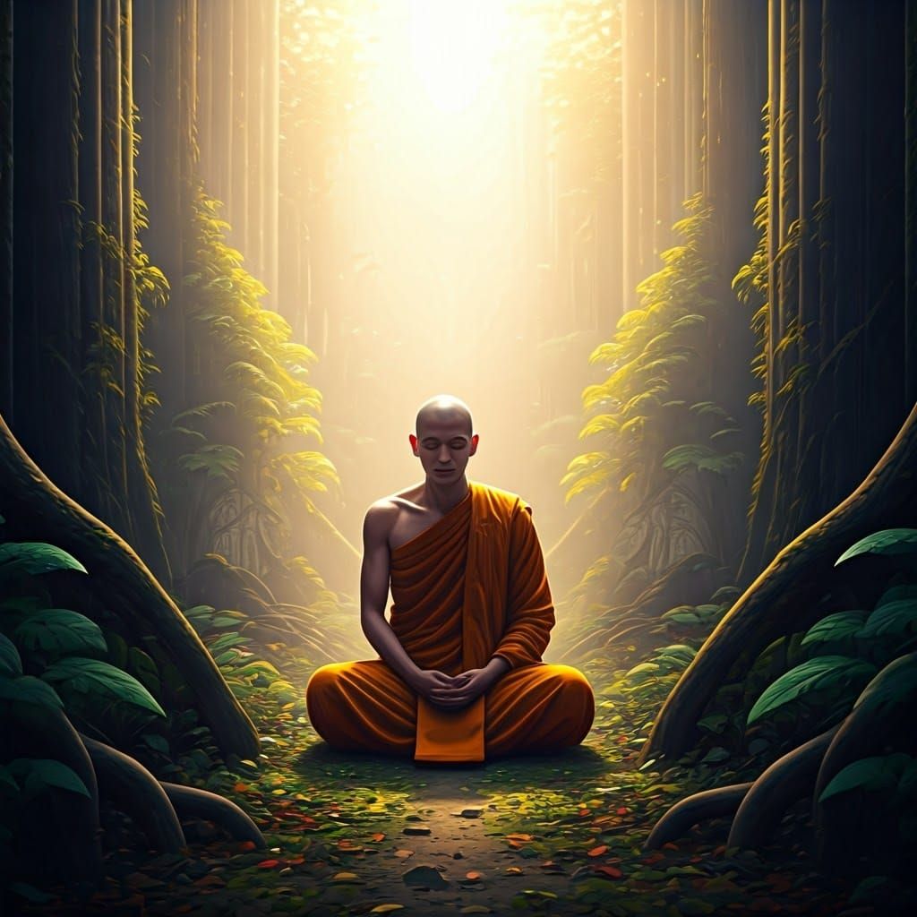 Contemplative Monk in Misty Forest with Golden Robes