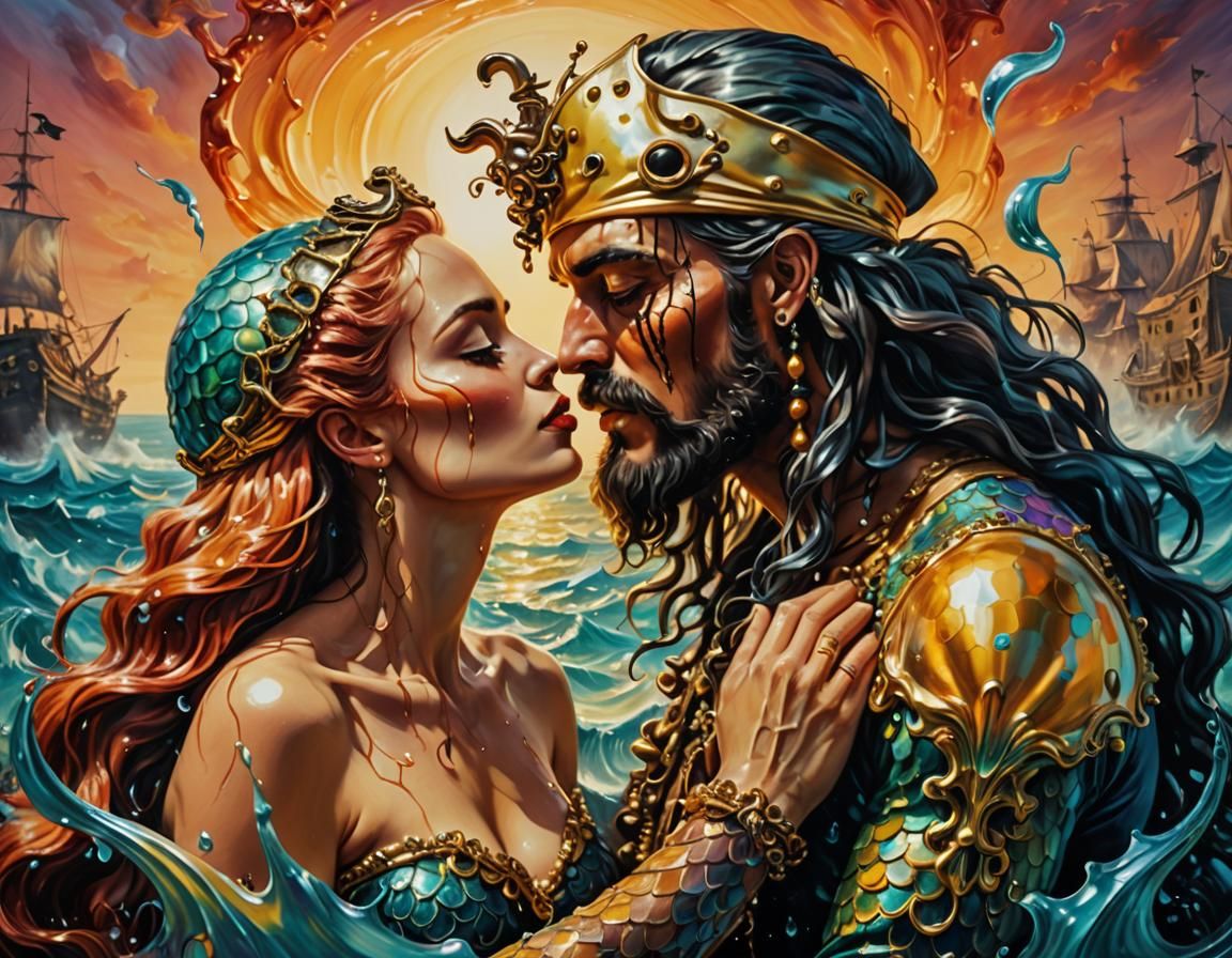 Pirate King and Mermaid Queen's Surreal Kiss