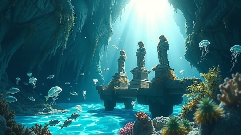 Underwater Cavern with Turquoise Lagoon and Sunbeams