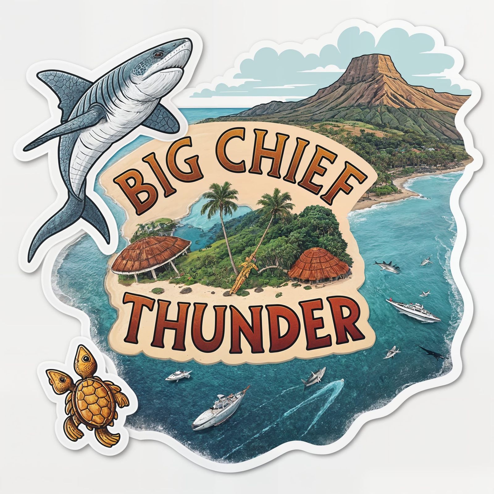 Maui Island Sticker in BIG CHIEF THUNDER Style with Sharks a...