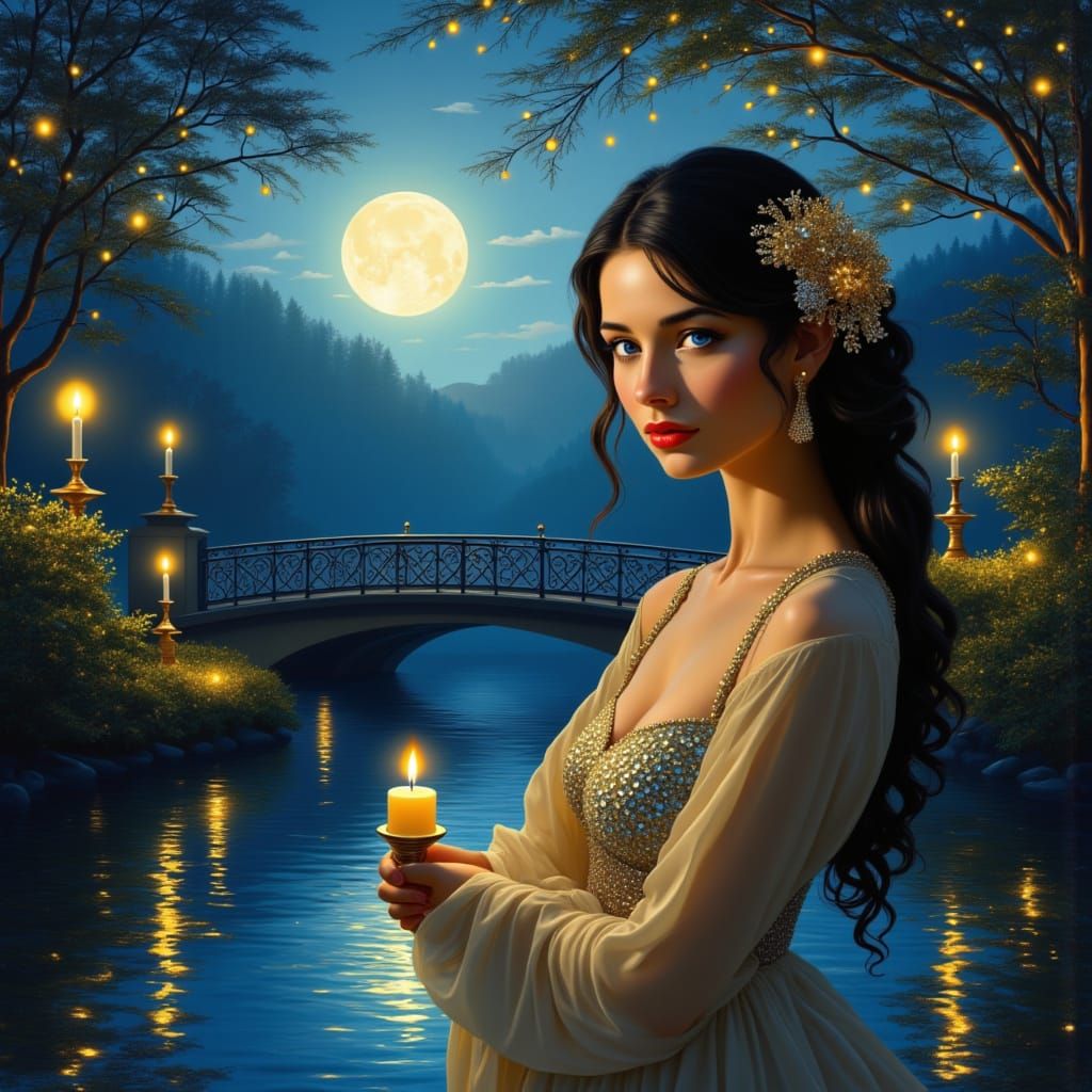 Moonlit Woman on Bridge in Art Nouveau Style
