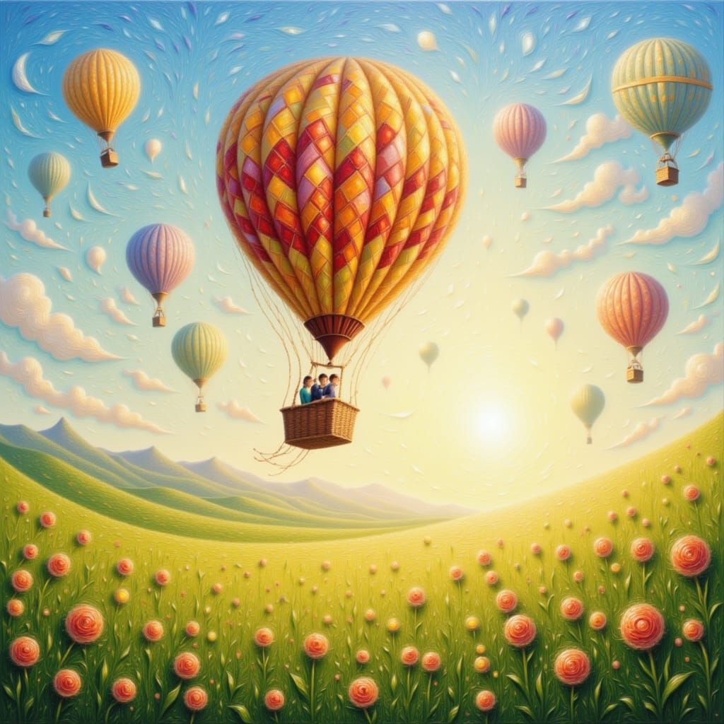 Dreamy Hot Air Balloons Over Flower Fields