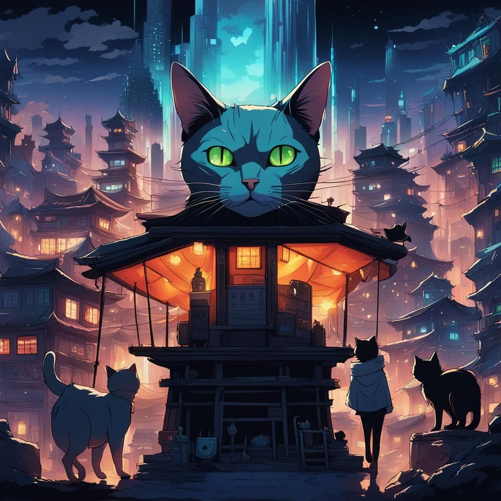 Cat Spirit Overlooks Cel-Shaded Anime City