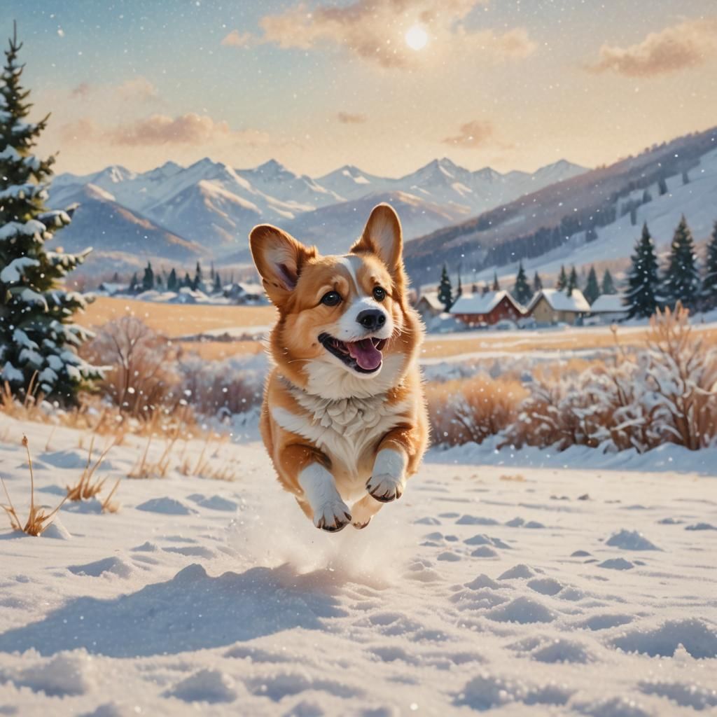 Corgi's Winter Frolic: An Impressionistic Landscape