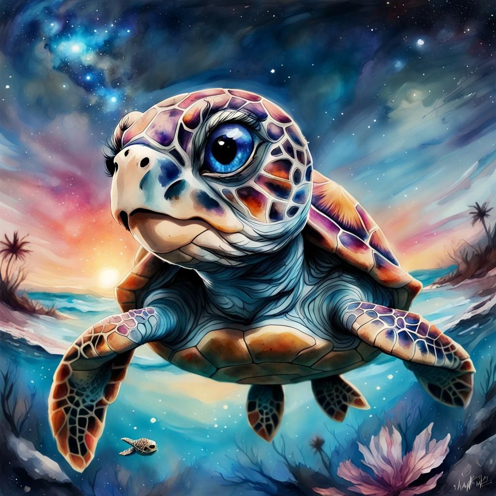 Chibi Sea Turtle Swims Through Starry Cosmos