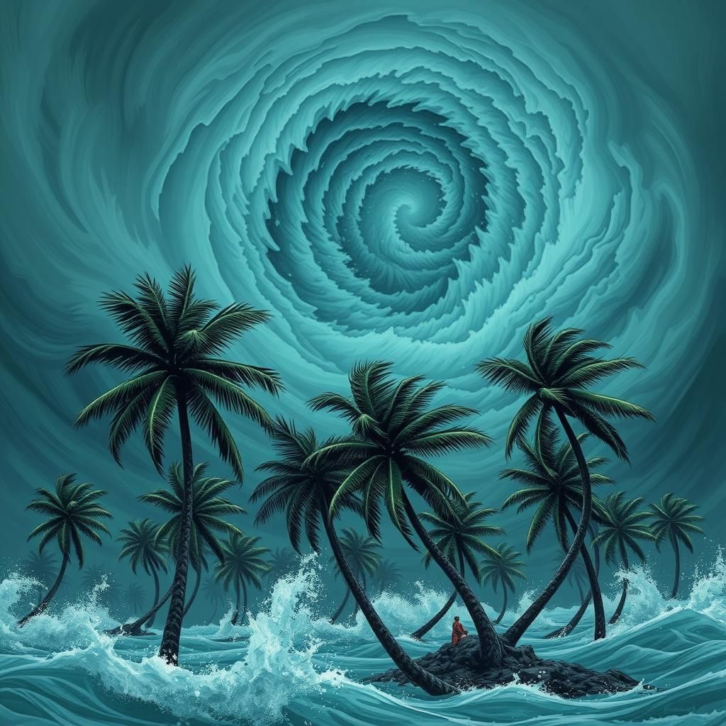 Palm Trees in Hurricane, Comic Book Art Style