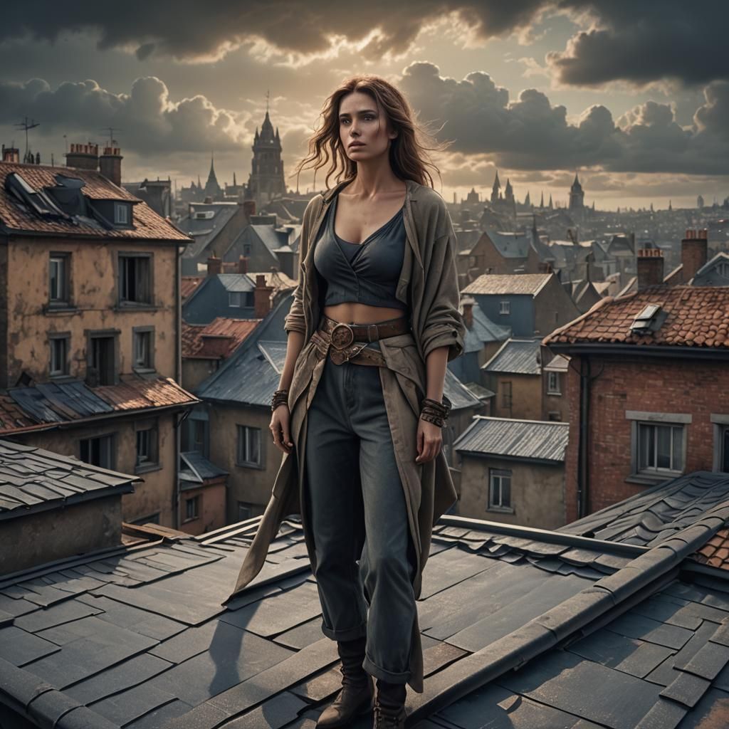 Nude Woman Posing on Rooftop: Digital Matte Painting