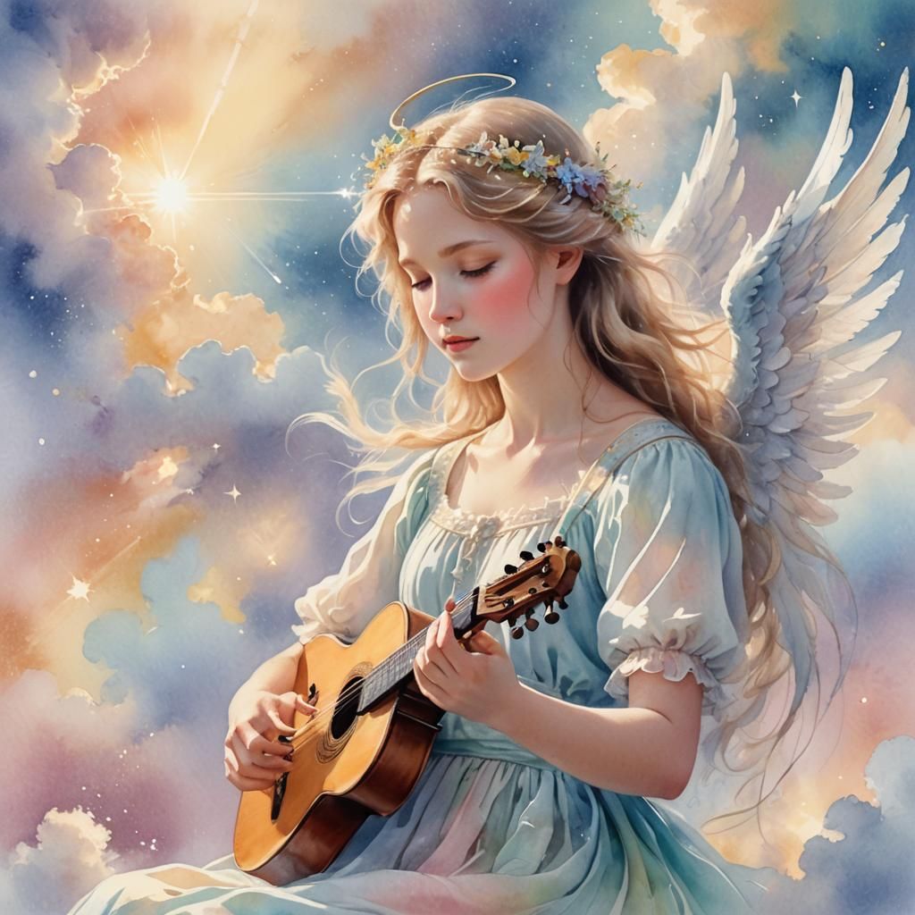 Delicate Starlight Angel Sonata in Pastel Watercolor