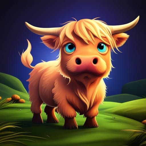 Funny Cartoon Baby Highland Cow in Detailed Painting
