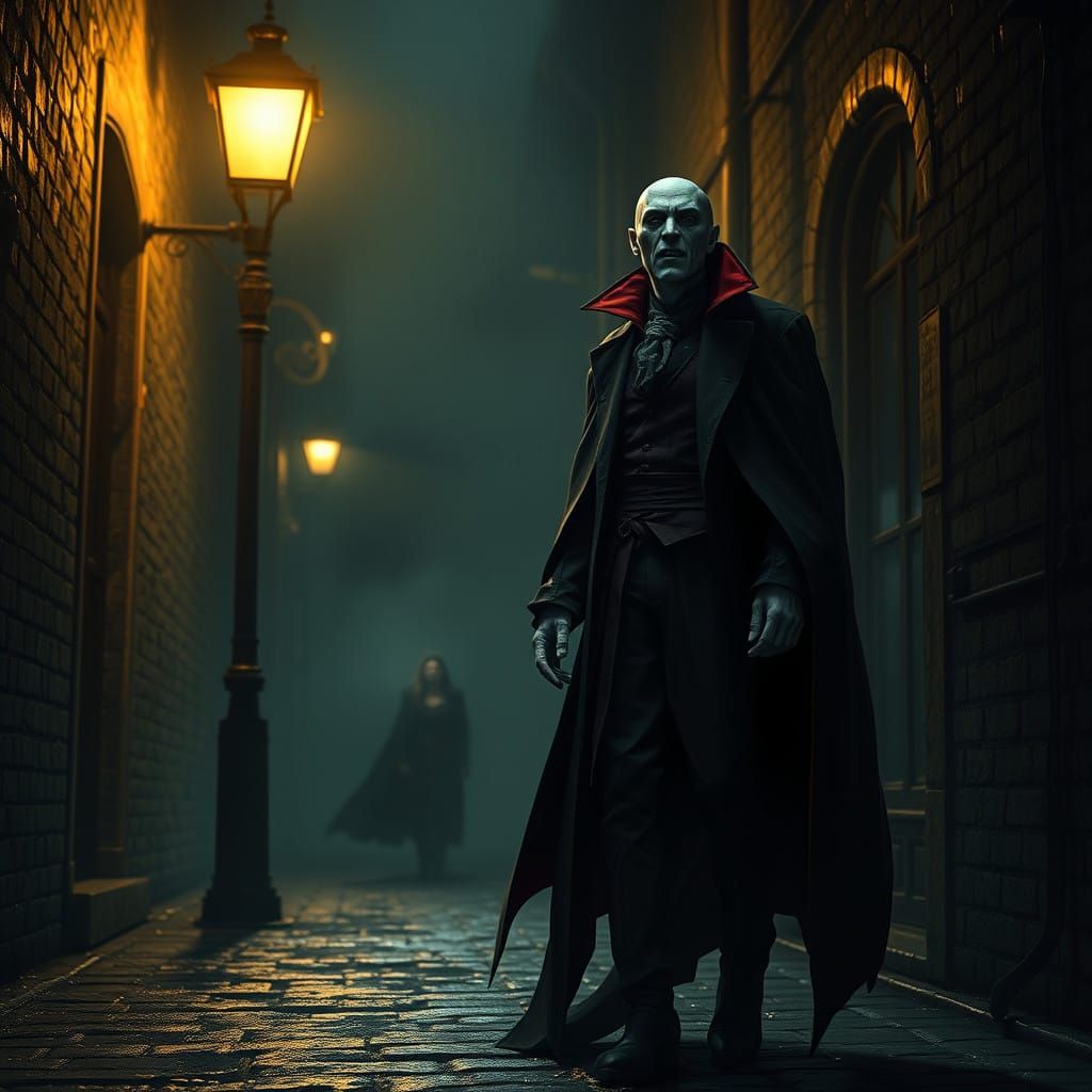 Victorian Vampire Lurks Under Lamppost in Dark Alley