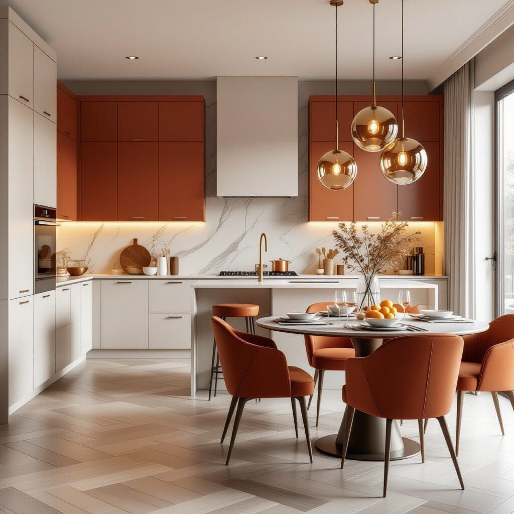 Ultra-Realistic Open Kitchen and Dining Interior in Rust Ora...