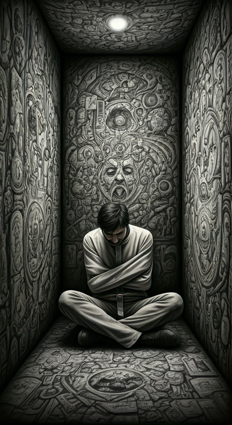 Confined Mind: Hyperdetailed Charcoal Room of Sketches