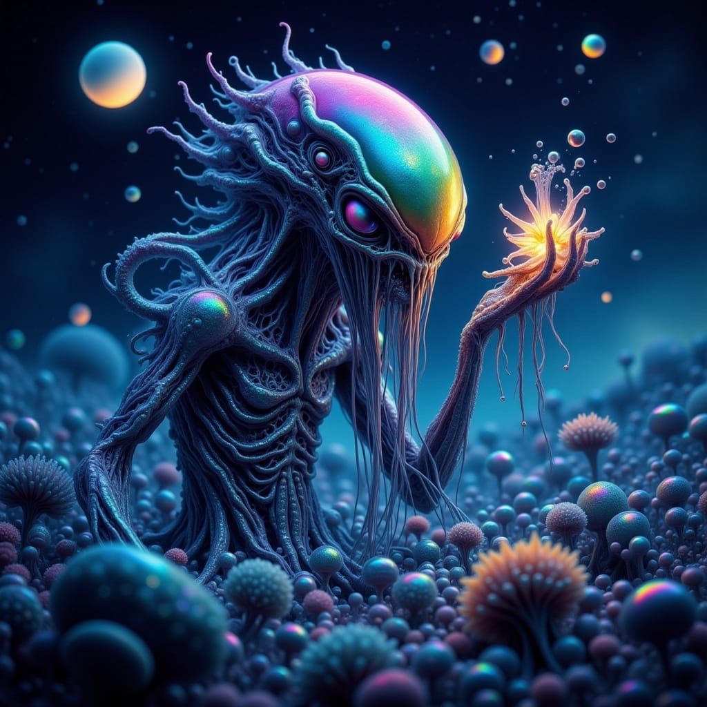 Bioluminescent Alien Inspects Flower on Alien World