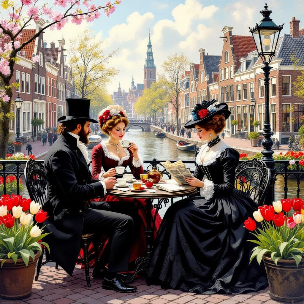 Victorian Gathering by Canal in Oil Painting Style