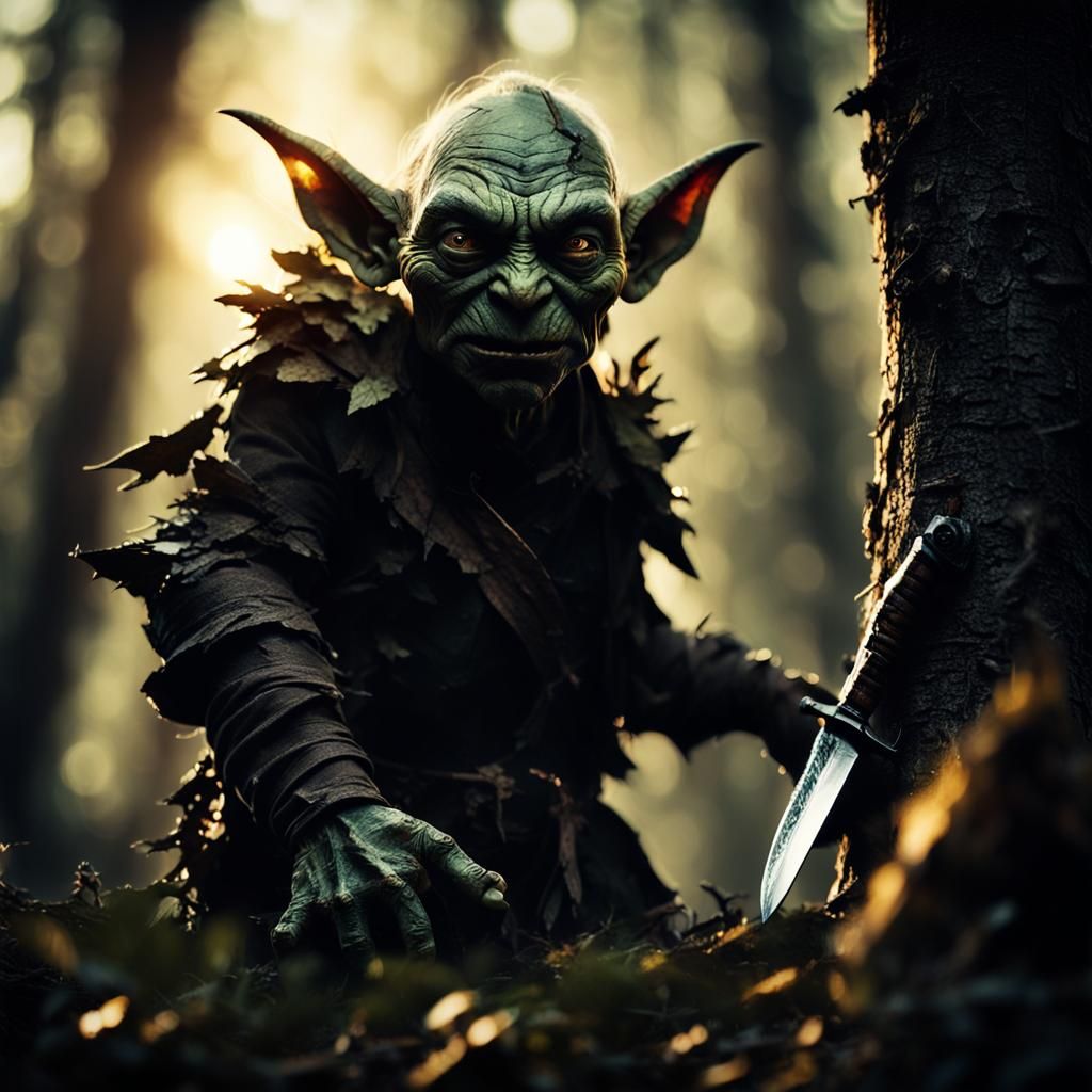 Goblin with Knife in Darkly Lit Forest