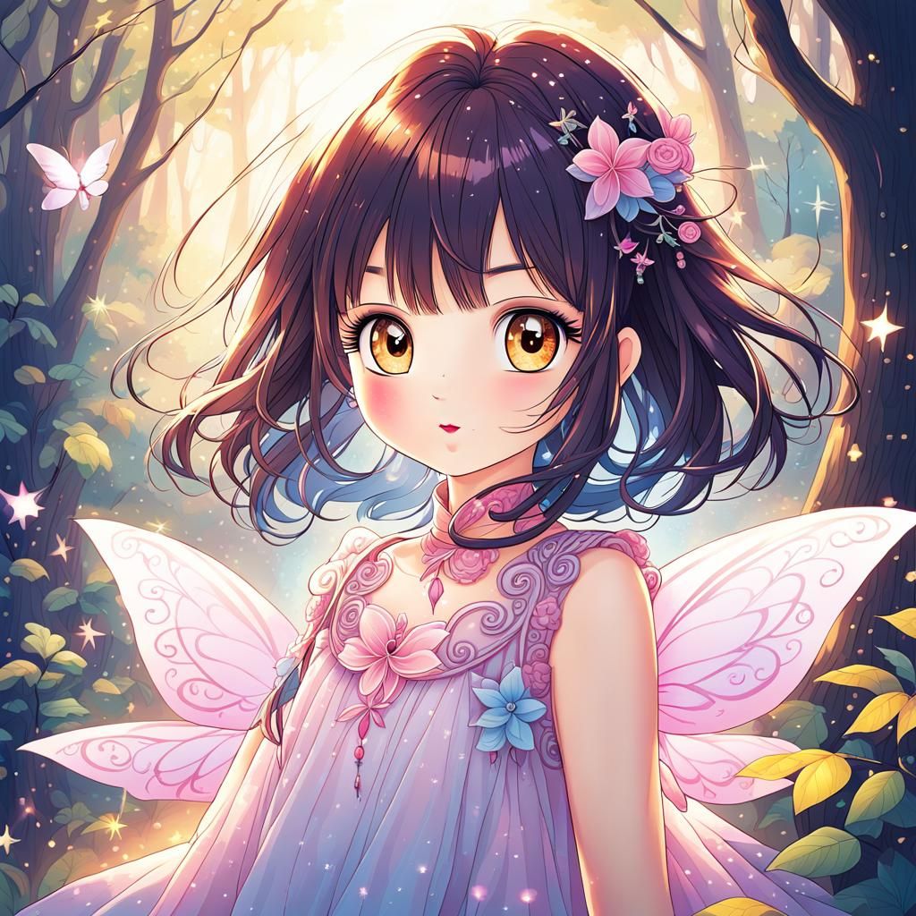 Anime Tiefling Girl in Forest with Faeries