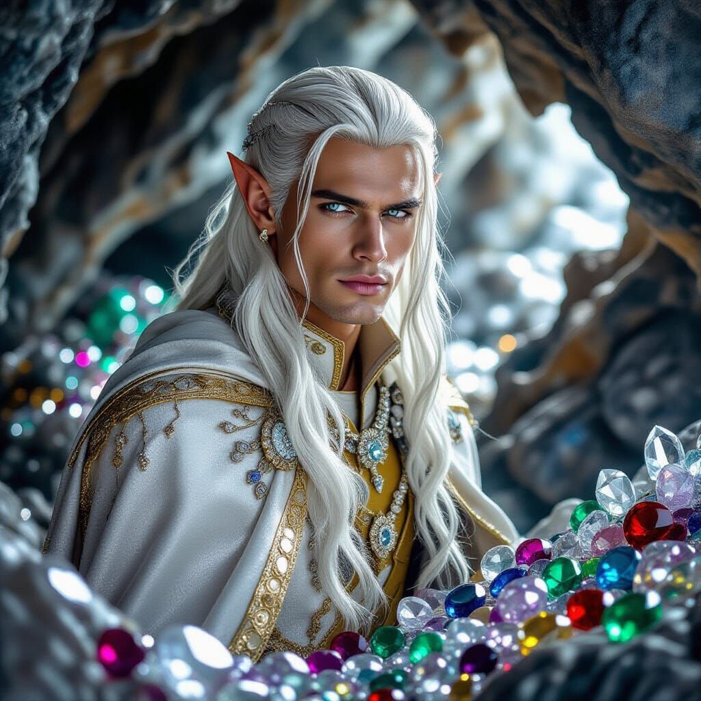 Elf in Gem Cave: High-Contrast Professional Photography